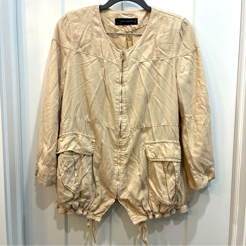ZARA WOMAN Cream Utility Parka Jacket Size XS Full‎ Zip Cinched Hem Pockets EUC
